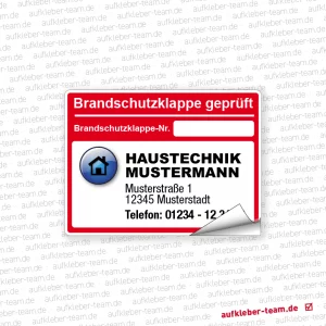 Brandschutzklappen Aufkleber "geprüft" mit farbigem Firmenlogo und Adresseindruck