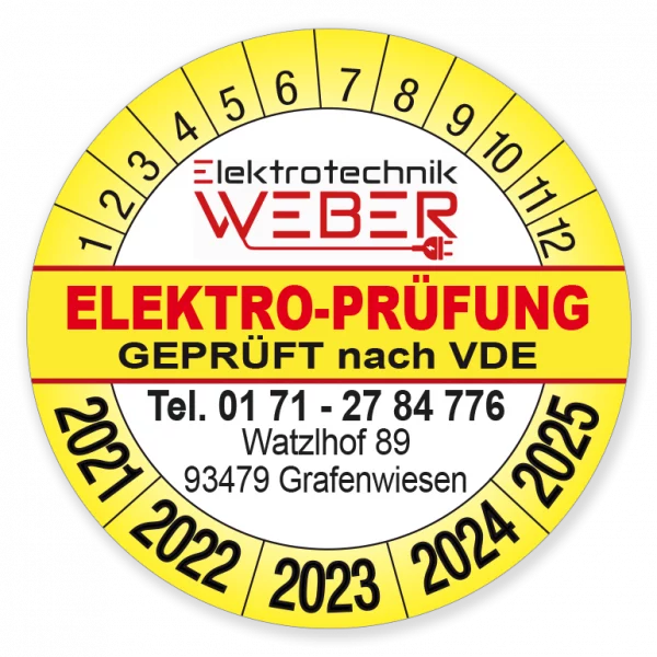 Prüfplakette "Elektro-Prüfung geprüft nach VDE" mit Logo Firma Weber