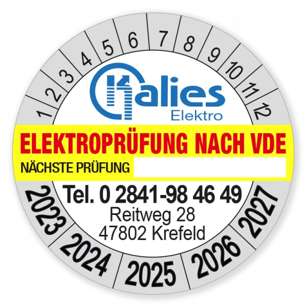 Aufkleber Team | Prüfplakette Elektroprüfung nach VDE Kalies Elektro Logo und Daten