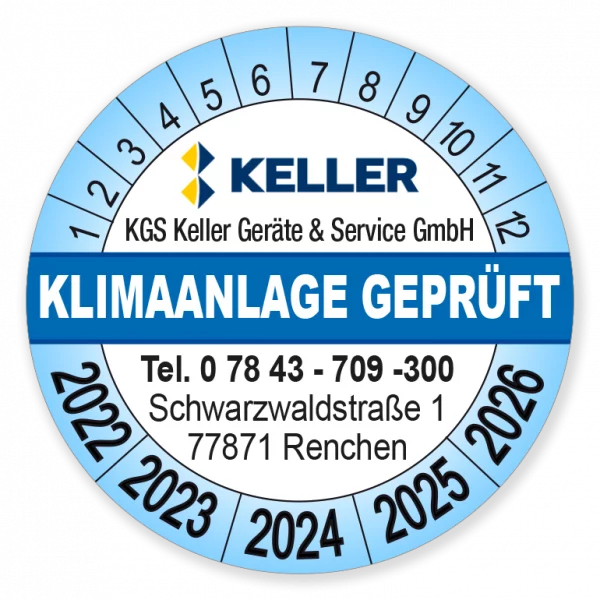 Prüfplakette "Klimaanlage geprüft" mit Logo Firma Keller