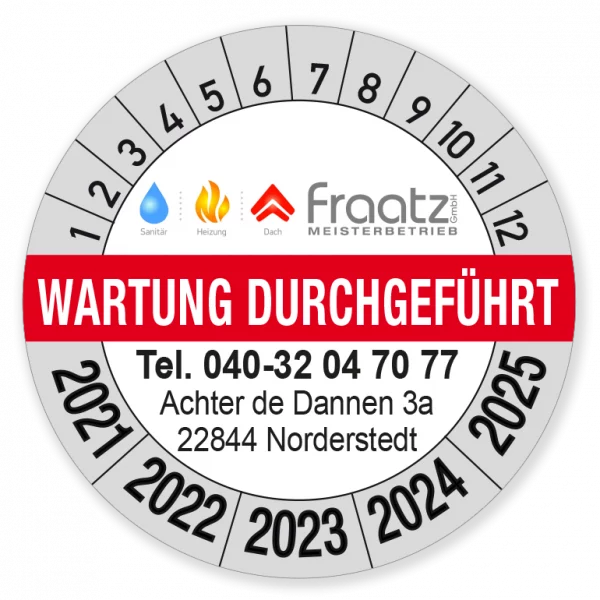 Prüfplakette "Wartung durchgeführt" mit Logo Firma Fraatz