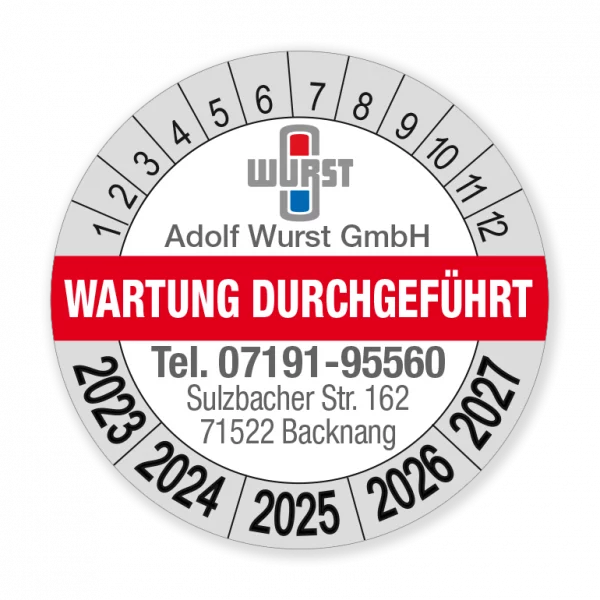 Prüfplakette "Wartung durchgeführt" mit Logo Firma Wurst
