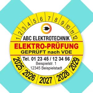 Prüfplakette "Elektro Prüfung VDE" mit Logo in gelb