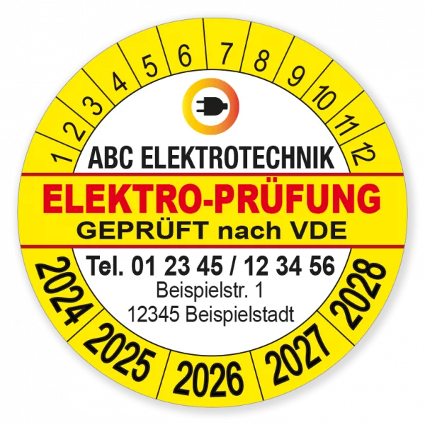 Prüfplakette "Elektro-Prüfung geprüft nach VDE" mit Logo in gelb