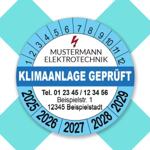 Prüfplakette Klimaanlage geprüft mit Firmenlogo blau