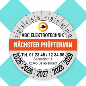 Prüfplakette nächster Prüftermin mit Firmenlogo orange