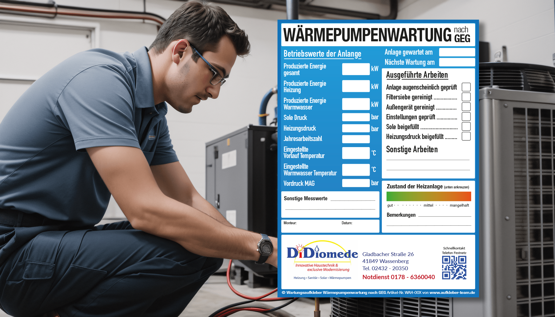 Wartungsaufkleber für Wärmepumpen eines Heizungfsfachbetriebes mit Firmeneindruck