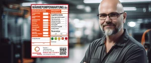 Wartungsaufkleber für Wärmepumpen mit Firmeneindruck und Logo sowie QR-Code