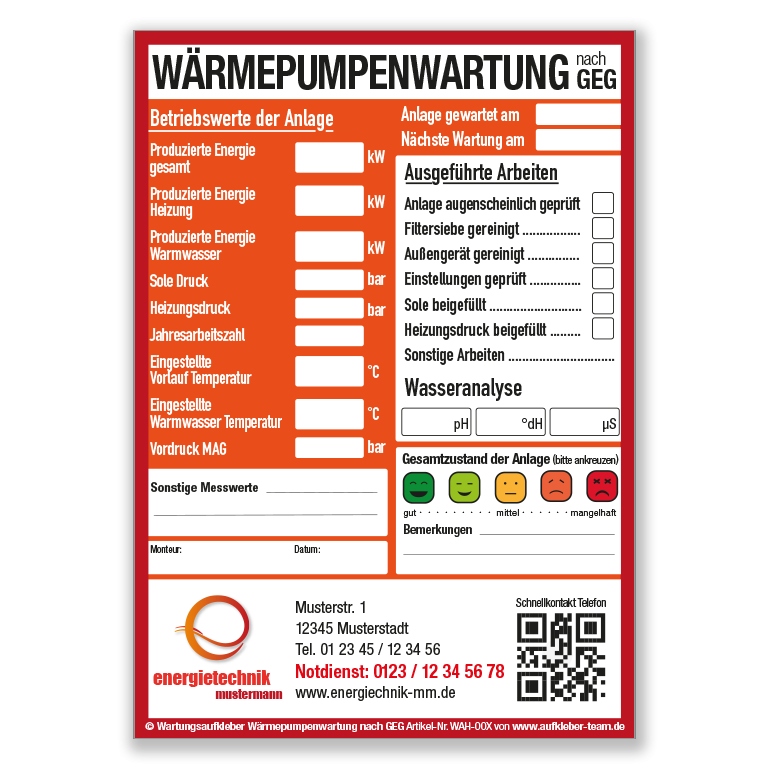Wartungsaufkleber für Wärmepumpen nach GEG mit Firmenlogo in orange