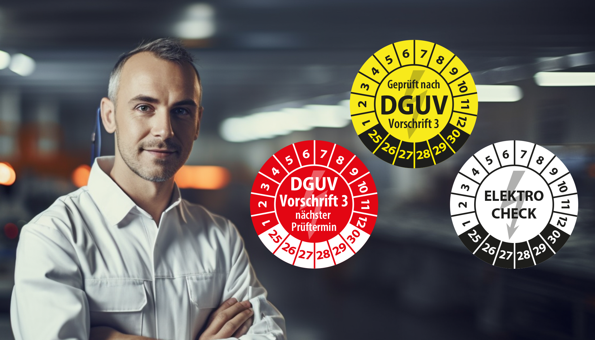 Prüfplaketten DGUV V3 aus Kusnstoff-Folie und Elektro-Prüfung