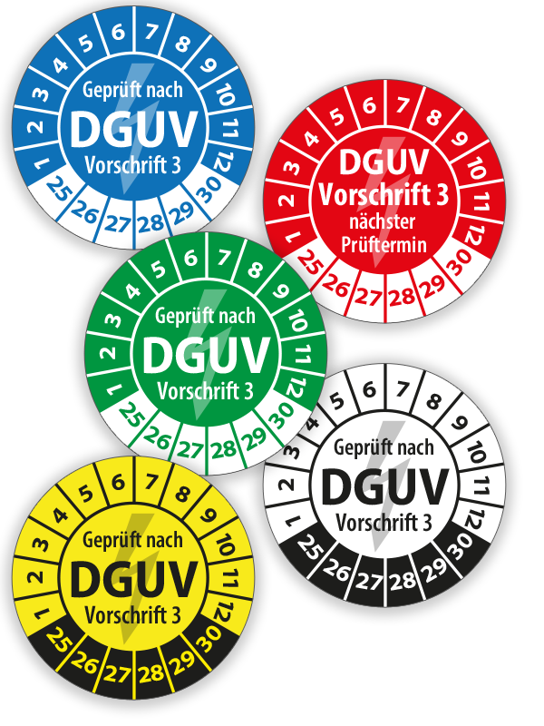 Prüfplaketten DGUV V3 aus Kusnstoff-Folie und Elektro-Prüfung in verschiedenen Farben