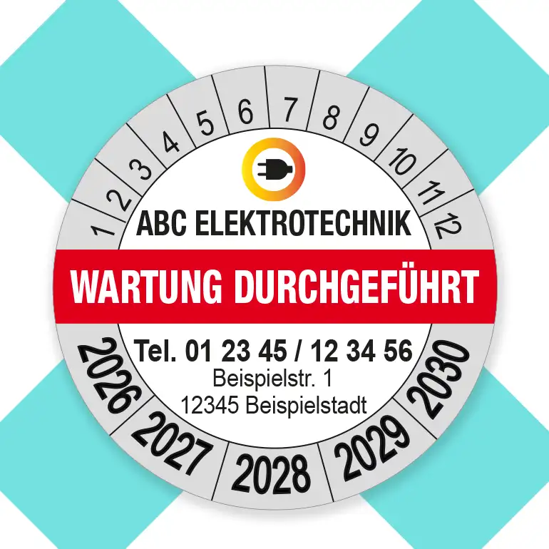 Prüfplakette Wartung durchgeführt mit Logo 2026