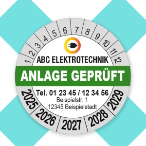 Prüfplakette Anlage geprüft mit Firmenlogo grün