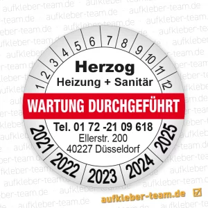 Prüfplakette Wartung durchgeführt mit Firmeneindruck Firma Herzog