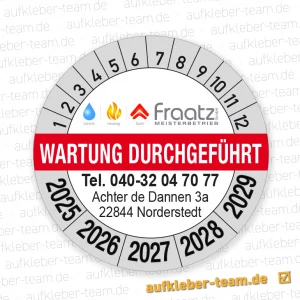 Prüfplakette Wartung durchgeführt mit Logo Firma Fraatz