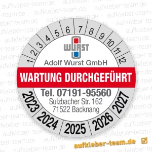 Prüfplakette Wartung durchgeführt mit Logo Firma Wurst