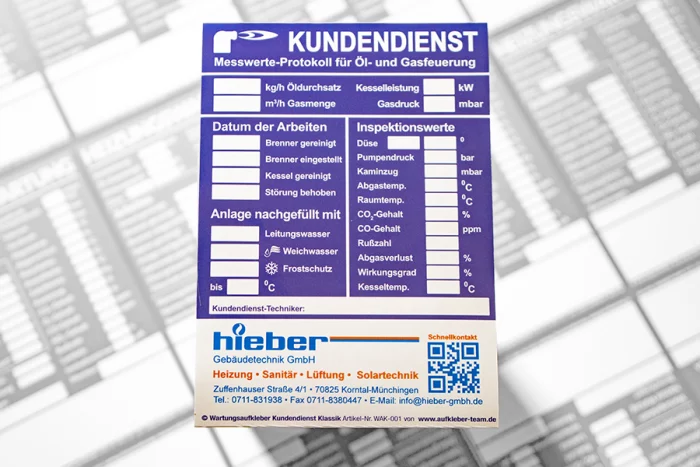 Wartungsaufkleber für Heizungen Kundendienst Firma Hieber