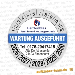 Prüfplakette Wartung ausgeführt mit Firmenlogo Heizbuddies