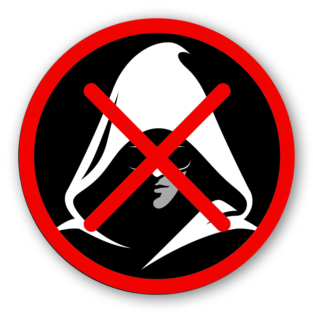 No hooded figure or anonymity allowed: red circle with slash over a white hooded silhouette on black background